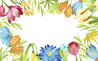 Watercolor flowers frame. Included colorfulflowers and green branches.Perfect for you postcard design,invitations,projects,weddingcard,logo,packaging.