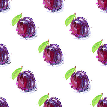 Plum fruit drawing seamless background