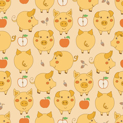 Seamless pattern with cartoon yellow pigs, apples and acorns on vanilla background.