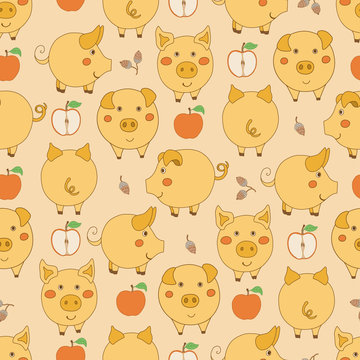 Seamless pattern with cartoon yellow pigs, apples and acorns on vanilla background.