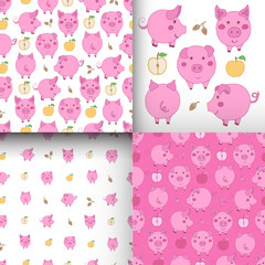 Set of seamless pink-white patterns with pigs, apples and acorns.