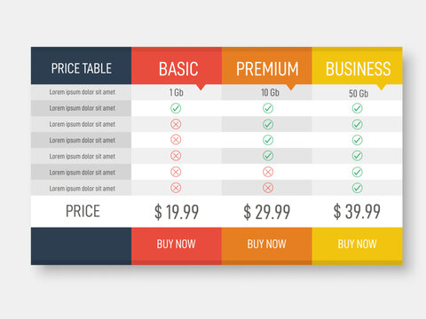 Price Table For Websites And Applications. Business Template In Flat Style. Vector Illustration