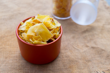 Close up of dried jackfruit chips