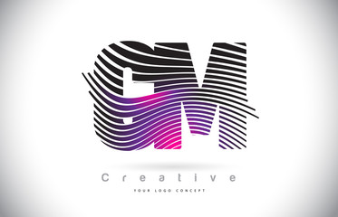 CM C M Zebra Texture Letter Logo Design With Creative Lines and Swosh in Purple Magenta Color.