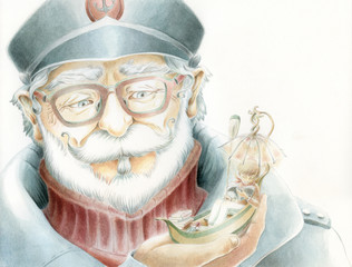 Grandfather sailor with hat glasses and mustache teaches the love for reading to the grandson in a small boat, on white background