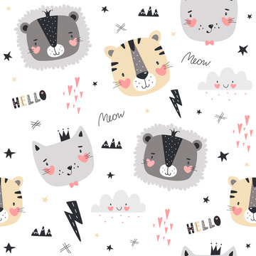 Seamless pattern with cute animals in Scandinavian style. Vector illustration