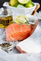 Salmon Fillet with Lime and Aromatic Herbs and Spices on White Paper