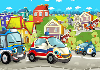 cartoon scene with happy cars on street going through the city - illustration for children