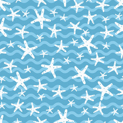 White star fish in blue ocean. A playful, modern, and flexible pattern for brand who has cute and fun style. Repeated pattern. Happy, bright, and nautical mood.