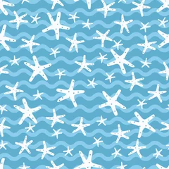 Behang Witte stervissen in blauwe oceaan. Een speels, modern en flexibel patroon voor een merk met een schattige en leuke stijl. Herhaald patroon. Gelukkig, helder, en nautische stemming. © Feilina Calorine