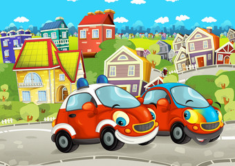 cartoon scene with happy cars on street going through the city - illustration for children