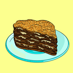 Piece of chocolate cake on yellow background.