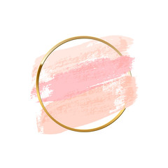 Pastel pink brush strokes with golden ring isolated on white background. Vector design element.