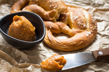 Homemade Mangalica Fat Spread with Fresh Bavarian Pretzel