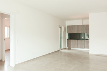 Interiors of modern apartment with white walls, kitchen