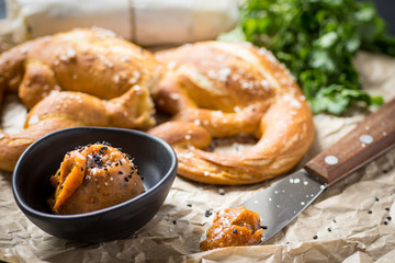 Homemade Mangalica Fat Spread with Fresh Bavarian Pretzel