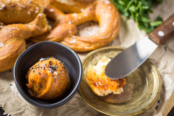 Homemade Mangalica Fat Spread with Fresh Bavarian Pretzel
