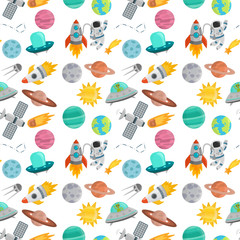 Astronaut space landing planets spaceship seamless pattern background future exploration space ship cosmonaut rocket shuttle vector illustration