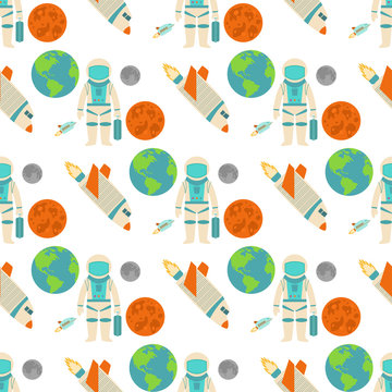 Astronaut space landing planets spaceship seamless pattern background future exploration space ship cosmonaut rocket shuttle vector illustration