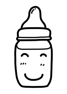 smile baby milk bottle / cartoon vector and illustration, black and white, hand drawn, sketch style, isolated on white background.