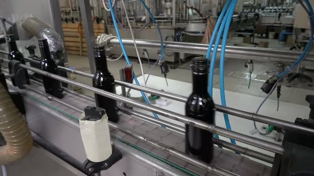 Bottling and sealing conveyor line at winery factory