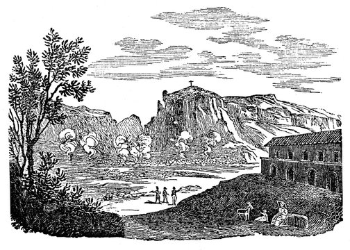 Solfatara, shallow volcanic crater at Pozzuoli, near Naples (from Das Heller-Magazin, April 12, 1834)