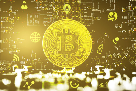 Golden bitcoin circuit board background,Mixed media