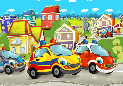 cartoon scene with happy cars on street going through the city - with police, fireman and ambulance vehicles - illustration for children © honeyflavour