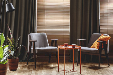 Vintage armchairs, orange coffee table with two cups, plants standing by the window with curtains...