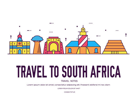 Country South Africa travel vacation of place and feature. Set of architecture, item, nature background concept. Infographic traditional ethnic flat, outline, thin line icon
