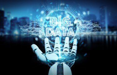 White humanoid hand using Big Data digital hologram 3D rendering