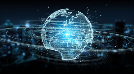 Globe network hologram with Europe map 3D rendering