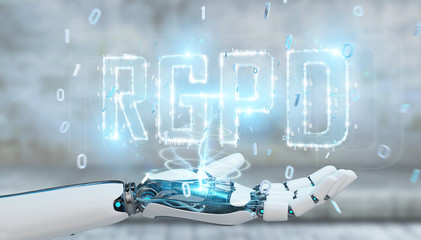 White cyborg hand using digital GDPR interface 3D rendering