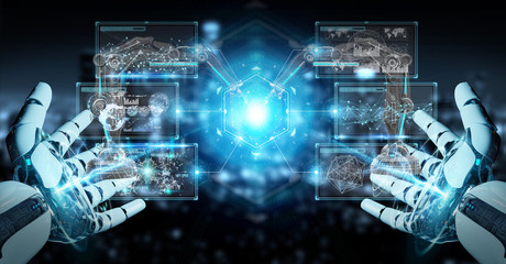 White robot hand using robotics arms with digital screen 3D rendering