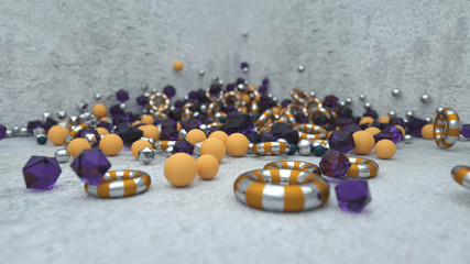 3D Abstract Graphics Background with glossy balls, golden bubbles, and metallic spheres, depth of field and stylish look.