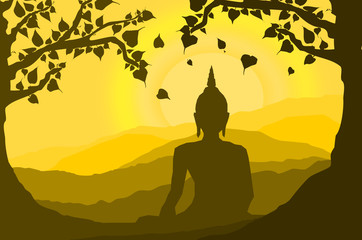 buddha statue under the Bodhi (Sacred Fig) tree and mountain on sunset background,sunset, silhouette style