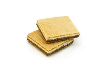 Fresh square chocolate waffles bars on white background, isolated