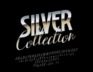 Vector Silver Collection of Alphabet. Decorative glossy Font. Calligraphic Letters, Numbers and Symbols