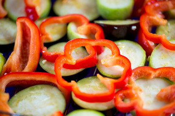 fresh pepper and eggplants close-up before grilling