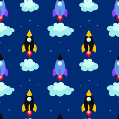 Space rocket seamless pattern. Childish vector background with stars, clouds and rockets
