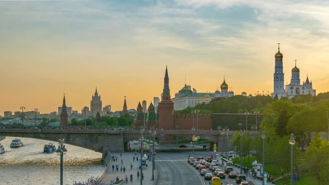 Moscow city skyline sunset timelapse at Kremlin Palace Red Square and Moscow River, Moscow Russia 4K Time Lapse