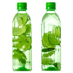 Two bottles of water with lime on white background isolation