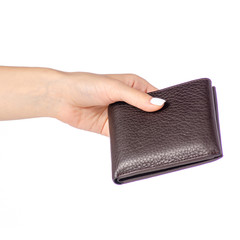 Brown leather wallet in hand on white background isolation