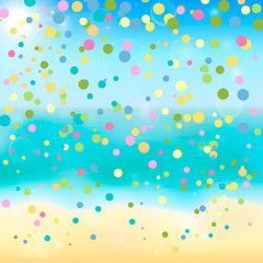 Summer vector background with tropical beach, sea and sky. Blurred bokeh and colorful confetti backdrop. Vacation and relax concept.