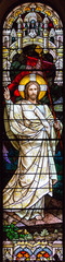 Fototapeta na wymiar Salt Lake City,Utah,US. 31/08/2017. Stained glass in The Cathedral of the Madeleine depicting Resurrected Jesus Christ.