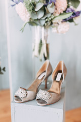 Stylish printing at the wedding ceremony, beautiful details and decor with flowers and rings....