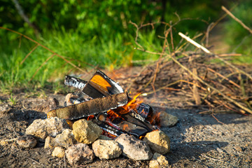 campfire. camping with fire. wilde nature resting. hiking