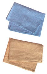 Two cotton blue and yellow napkins on white, top view