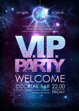 Disco ball background. Disco V.I.P. party poster on open space background