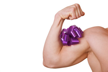 Gift concept. Muscular hand fitness body.